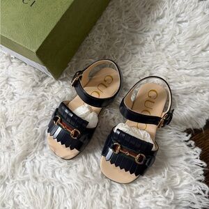 Gucci Black Kids Leather Fringe Sandals with Horsebit & Web